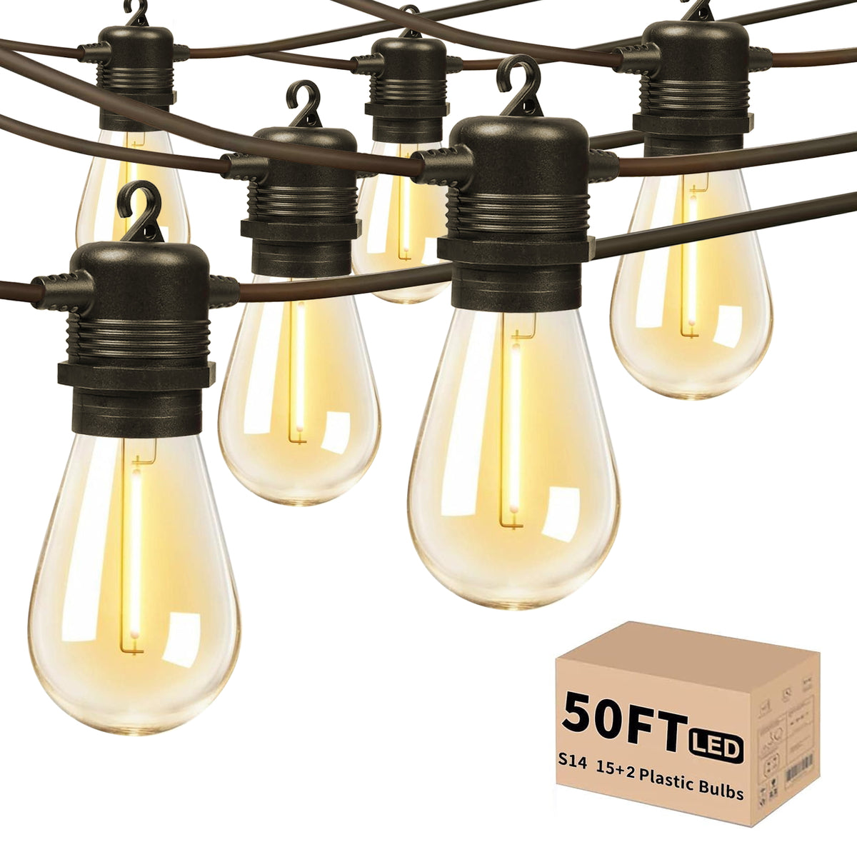 Outdoor String Lights Waterproof, 50ft Patio String Ligths for Outside with 15+2 E12 Bulbs Shatterproof, 2700K Warm White Great for Balcony, Gazebo, Yard, Porch