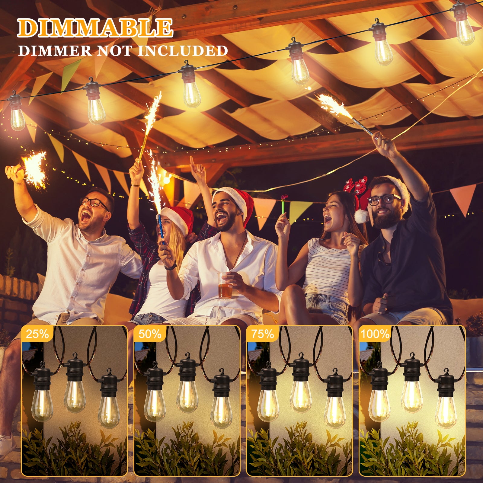 Outdoor String Lights Waterproof, 50ft Patio String Ligths for Outside with 15+2 E12 Bulbs Shatterproof, 2700K Warm White Great for Balcony, Gazebo, Yard, Porch