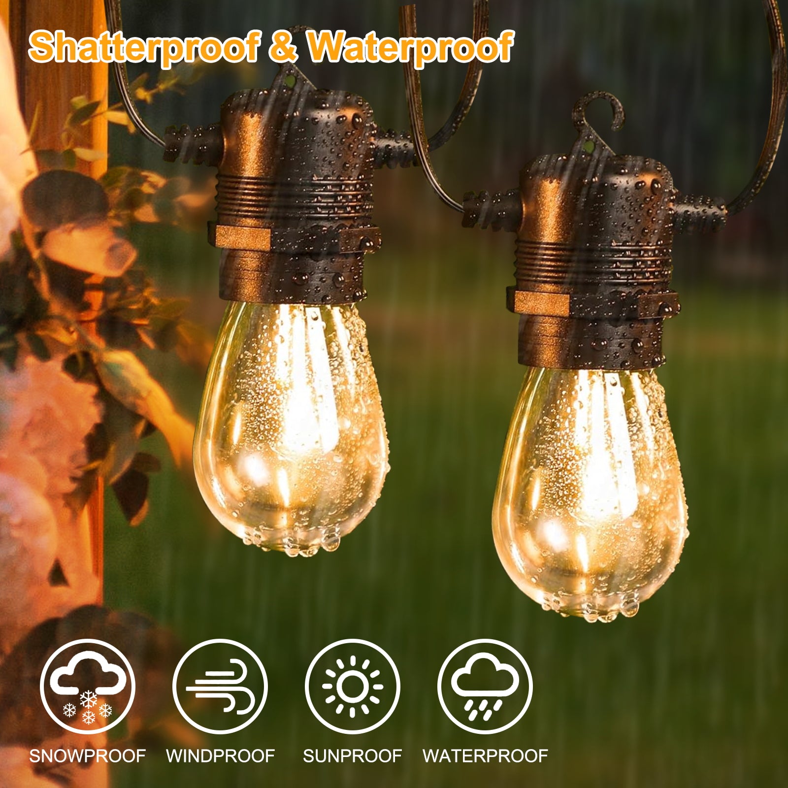 Outdoor String Lights Waterproof, 50ft Patio String Ligths for Outside with 15+2 E12 Bulbs Shatterproof, 2700K Warm White Great for Balcony, Gazebo, Yard, Porch