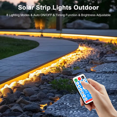 Meewata Solar Led Strip Lights Outdoor, Solar Rope Lights Self-Adhesive Waterproof, 8 Mode with Remote Timer and Auto On/Off, Perfect for Deck, Patio, Poolside, Camping Decor, Warm White