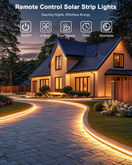 Meewata Solar Led Strip Lights Outdoor, Solar Rope Lights Self-Adhesive Waterproof, 8 Mode with Remote Timer and Auto On/Off, Perfect for Deck, Patio, Poolside, Camping Decor, Warm White