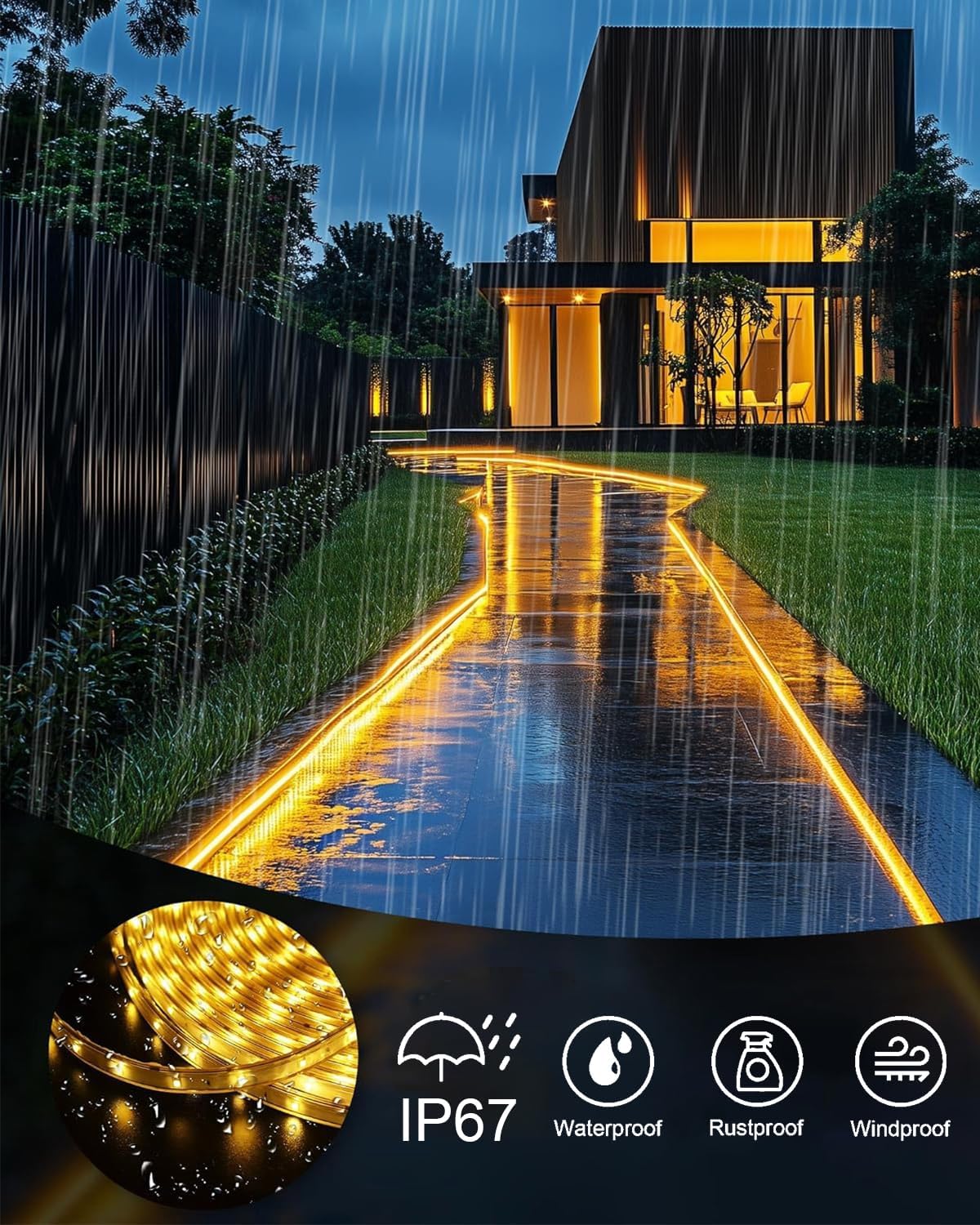 Meewata Solar Led Strip Lights Outdoor, Solar Rope Lights Self-Adhesive Waterproof, 8 Mode with Remote Timer and Auto On/Off, Perfect for Deck, Patio, Poolside, Camping Decor, Warm White