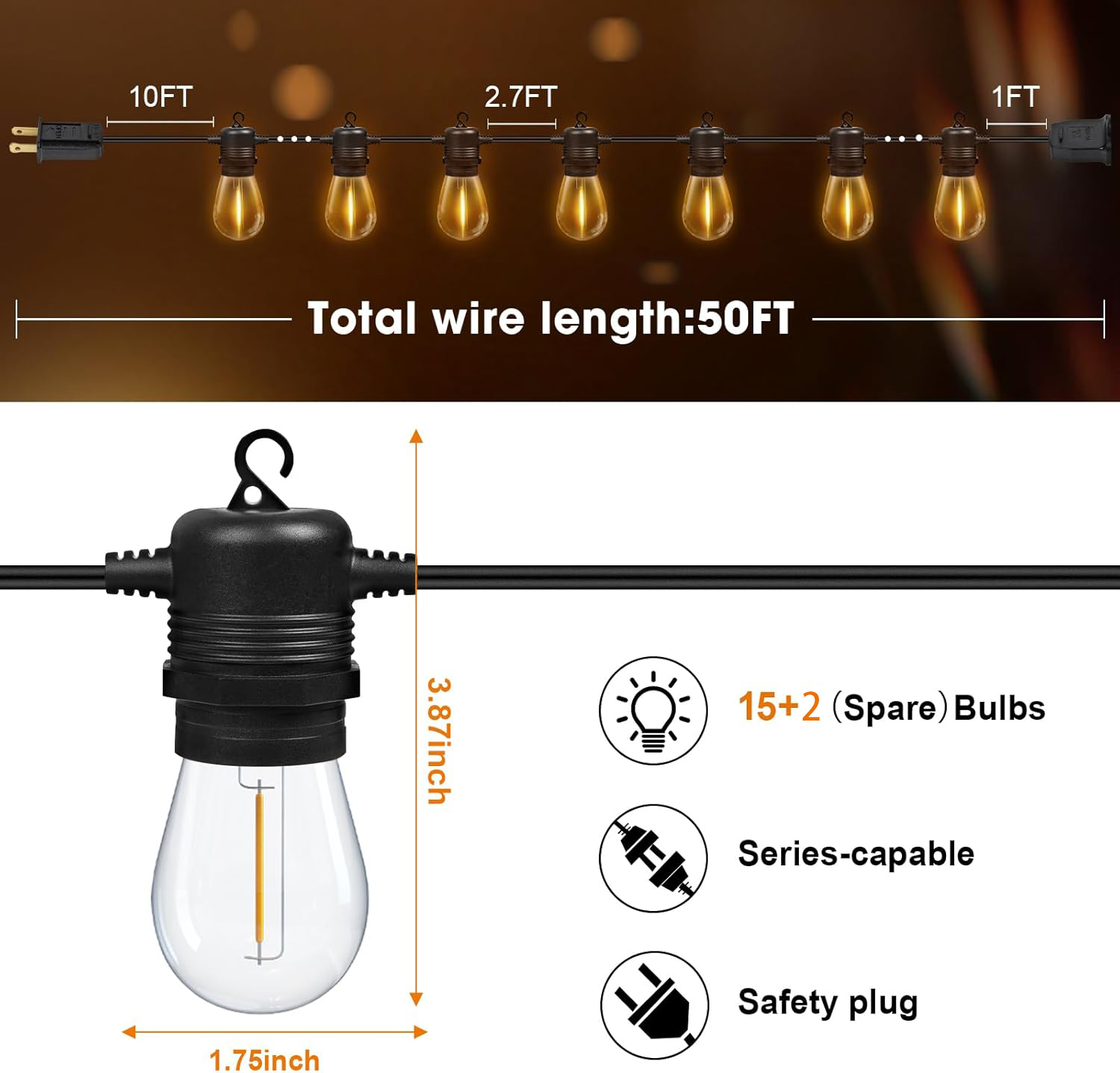 Outdoor String Lights Waterproof, 50ft Patio String Ligths for Outside with 15+2 E12 Bulbs Shatterproof, 2700K Warm White Great for Balcony, Gazebo, Yard, Porch