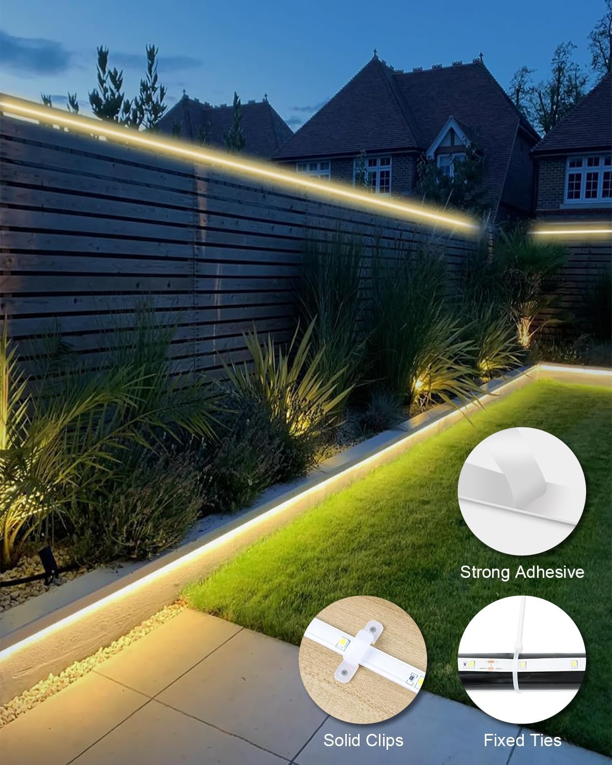 Meewata Solar Led Strip Lights Outdoor, Solar Rope Lights Self-Adhesive Waterproof, 8 Mode with Remote Timer and Auto On/Off, Perfect for Deck, Patio, Poolside, Camping Decor, Warm White