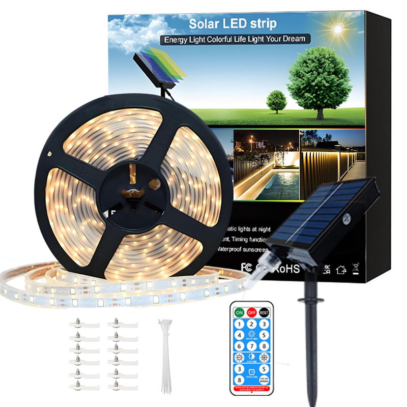 Meewata Solar Led Strip Lights Outdoor, Solar Rope Lights Self-Adhesive Waterproof, 8 Mode with Remote Timer and Auto On/Off, Perfect for Deck, Patio, Poolside, Camping Decor, Warm White
